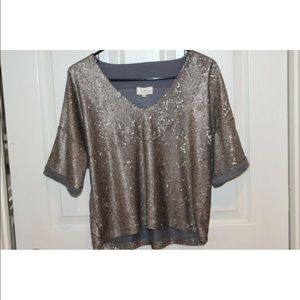 Anthropologie Deletta gold mini sequin v neck top